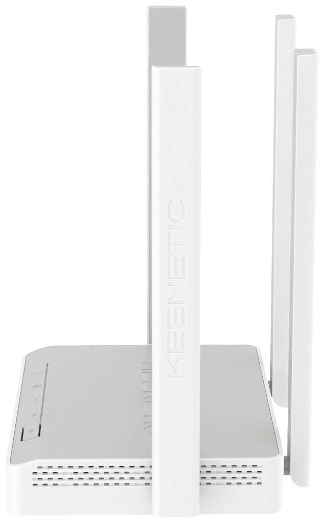 Biely router so štyrmi vzpriamenými anténami s názvom značky 'Keenetic' na boku.