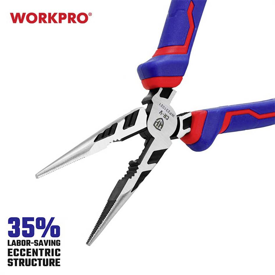 'WORKPRO' Špicaté kliešte s modro-červenou rukoväťou, excentrické pre 35% úsporu energie.