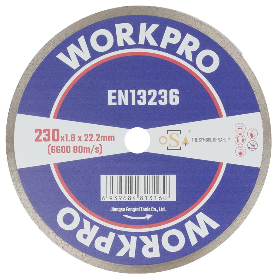 Brúsny kotúč s nápisom 'WORKPRO', špecifikácia 'EN13236', priemer '230x1.8x22.2mm', rýchlosť '6600 80m/s'.