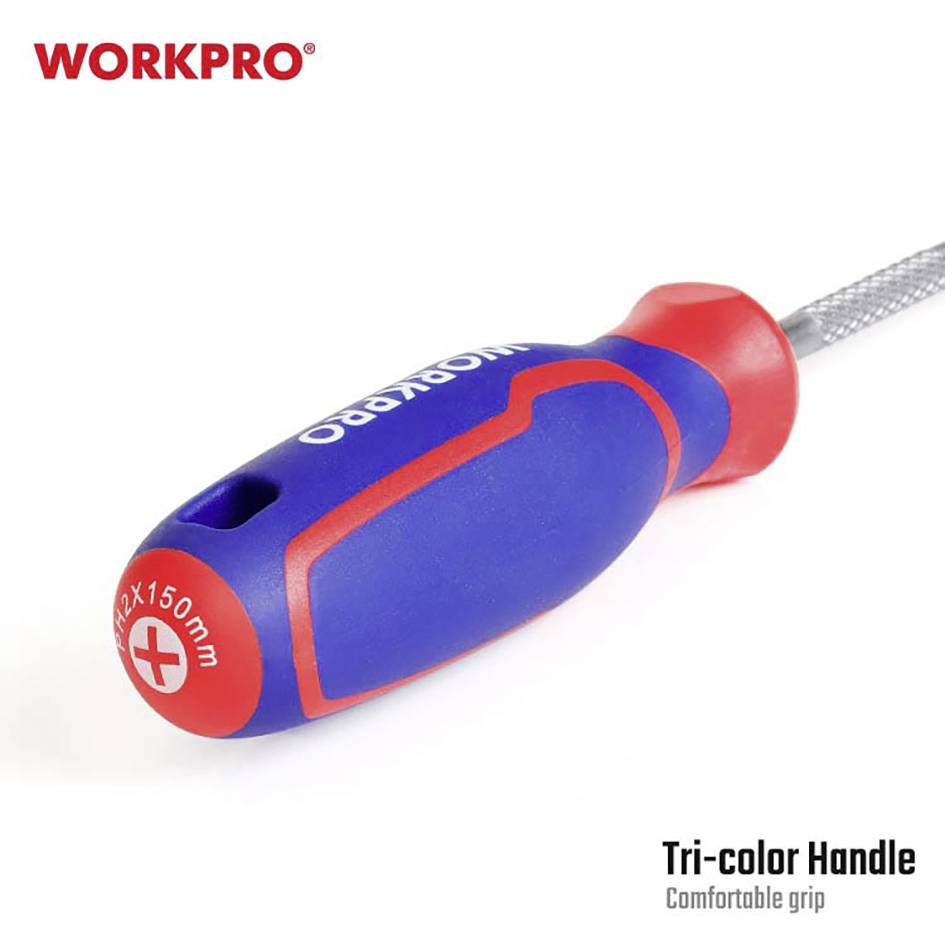 Modrý skrutkovač s červenou rukoväťou a nápisom 'WORKPRO'. Rukoväť je ergonomická. Text pod ním: 'Trojfarebná rukoväť, Pohodlný úchop'.