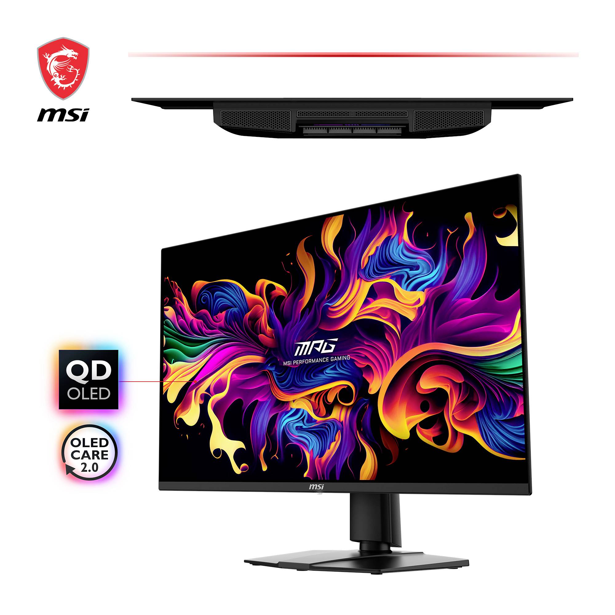 Monitor MSI s živým, abstraktným dizajnom na obrazovke, ktorý zobrazuje technológiu QD OLED. Hore je viditeľné logo MSI.