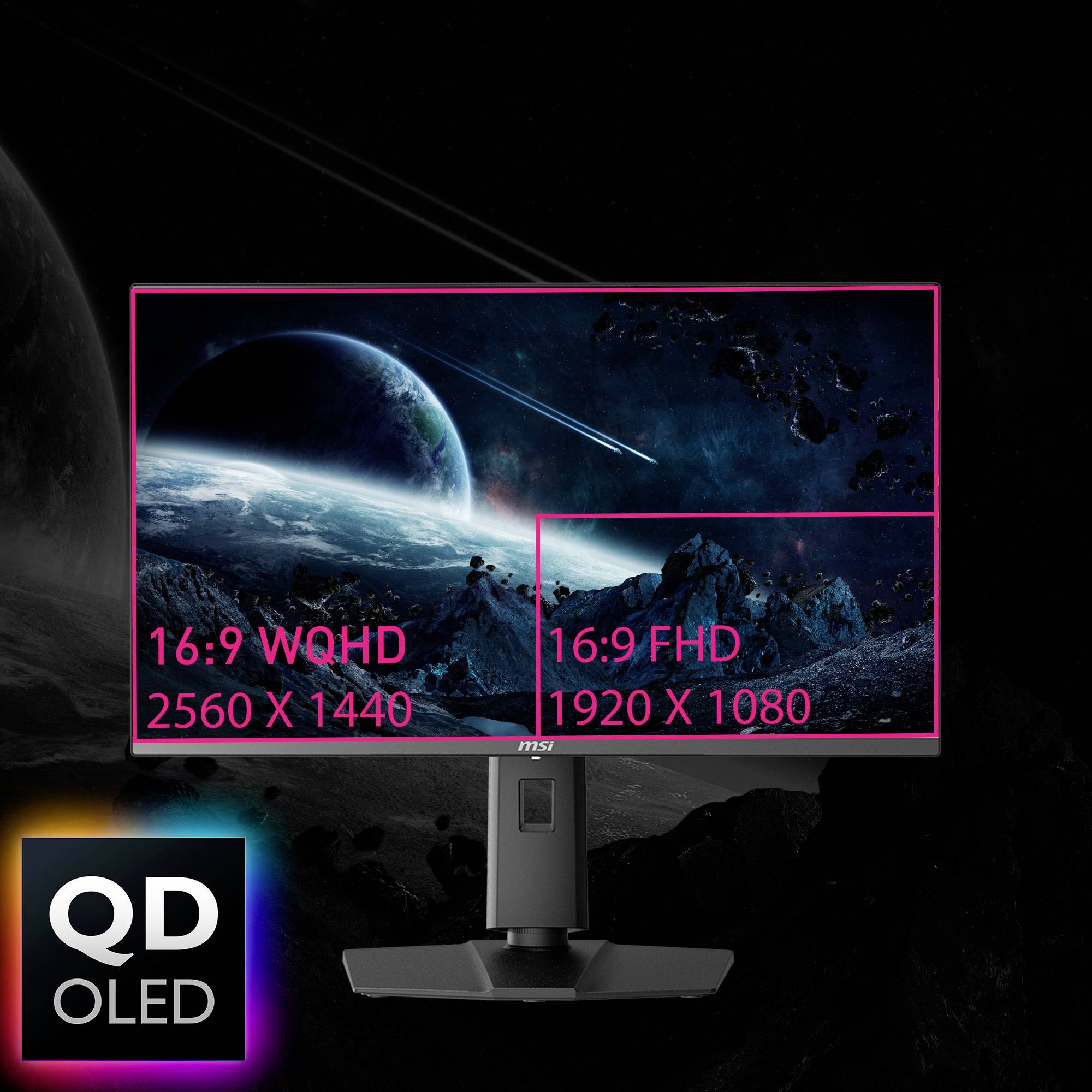 Monitor s planétou na obrazovke, zobrazuje porovnanie medzi 16:9 WQHD (2560 x 1440) a 16:9 FHD (1920 x 1080). Logo QD OLED v ľavom dolnom rohu.