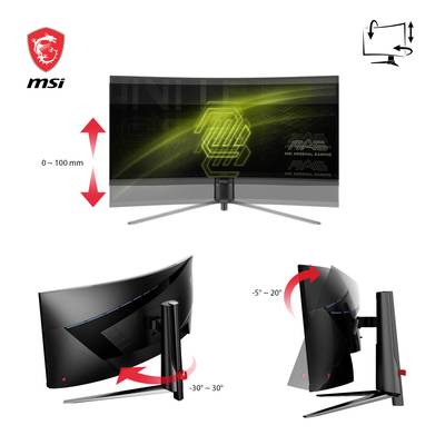 Zakrivený herný monitor MSI zobrazuje výškové nastavenie (0-100 mm), bočný náklon (-30° až 30°) a vertikálne otáčanie (-5° až 20°).