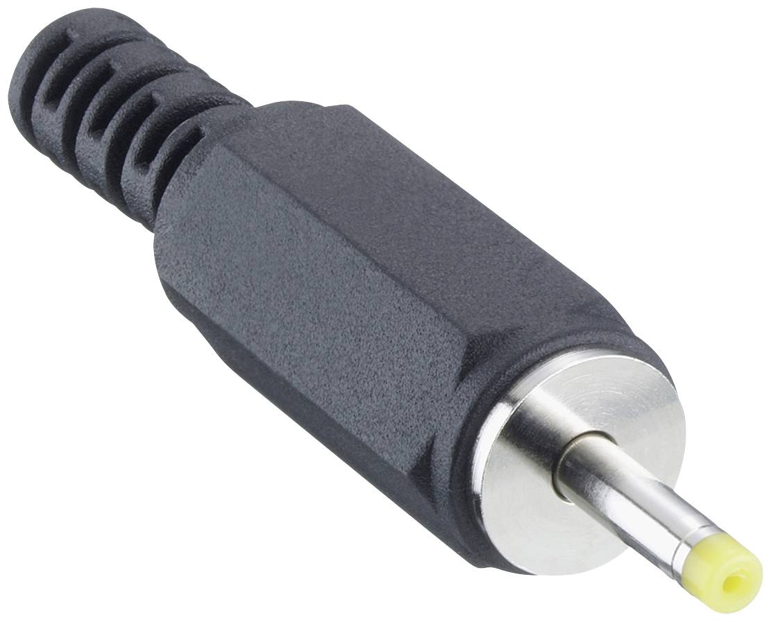Čierny DC konektor so žltým hrotom, ktorý sa používa na napájanie elektronických zariadení.
