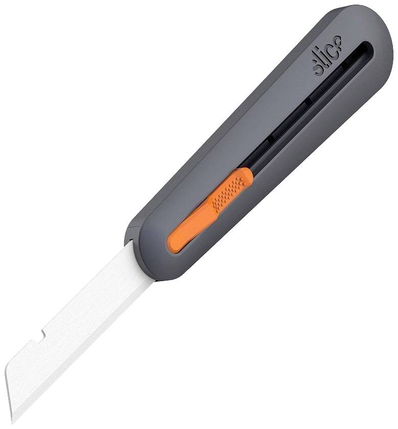 Sivý bezpečnostný nôž s oranžovým stláčacím tlačidlom a keramickou čepeľou. Má ergonomický tvar pre ľahké rezanie.