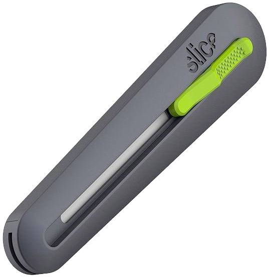 Sivý bezpečnostný nôž na rezanie v ergonomickom dizajne so zelenou rukoväťou a nápisom 'slice'. Ideálny na presné rezanie.