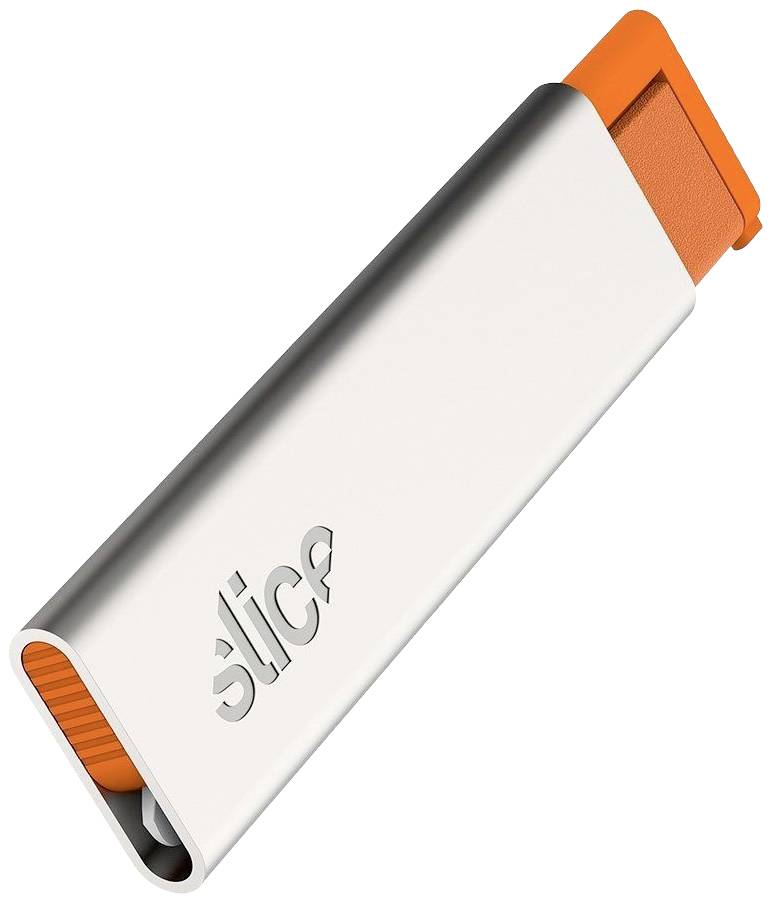 Kovový bezpečnostný nôž s oranžovou čepeľou a logom 'Slice' na boku.