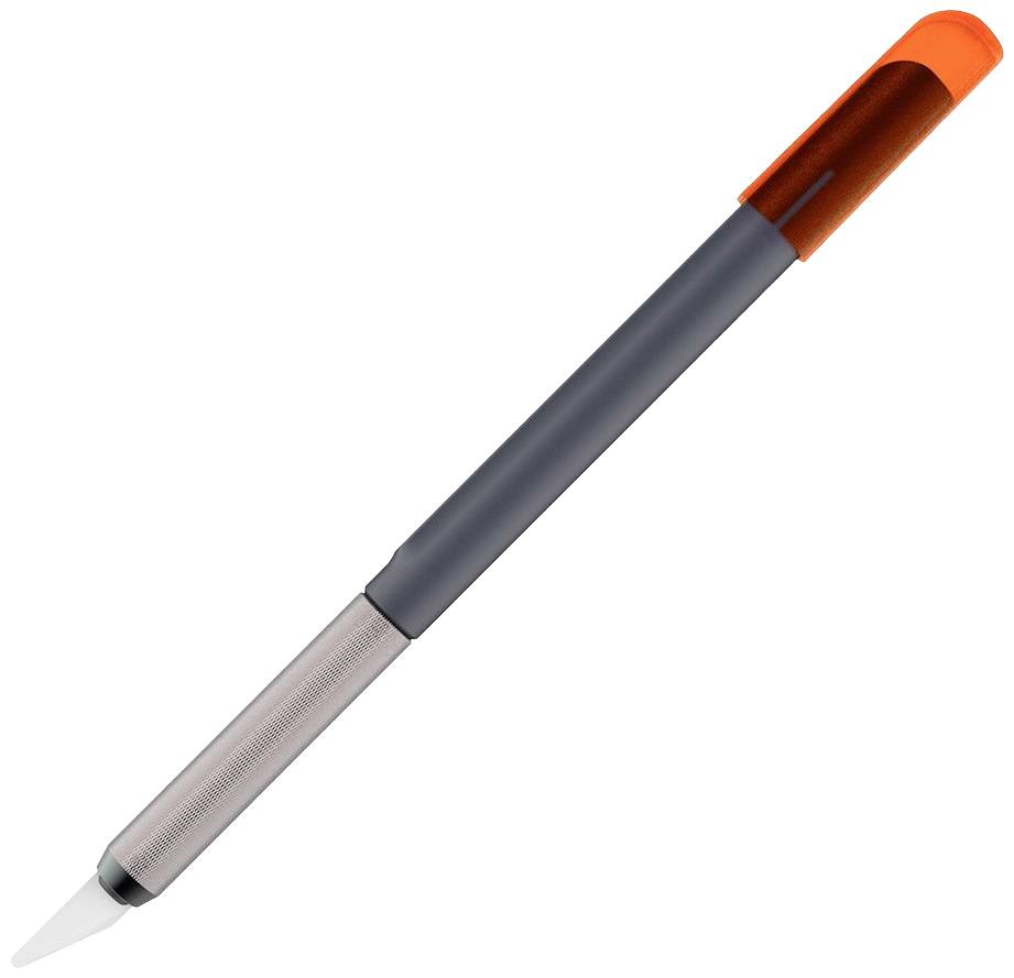 Sivé pero s oranžovým uzáverom a jemným bielym hrotom je zobrazené diagonálne z ľavého dolného rohu smerom do pravého horného rohu obrazu.