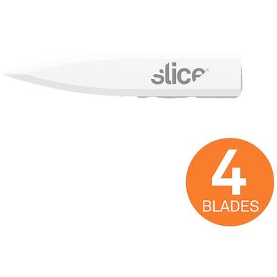 Biela sada náhradných čepelí značky 'Slice' so štyrmi čepeľami, zobrazená s oranžovou grafikou označujúcou '4 Čepele'.