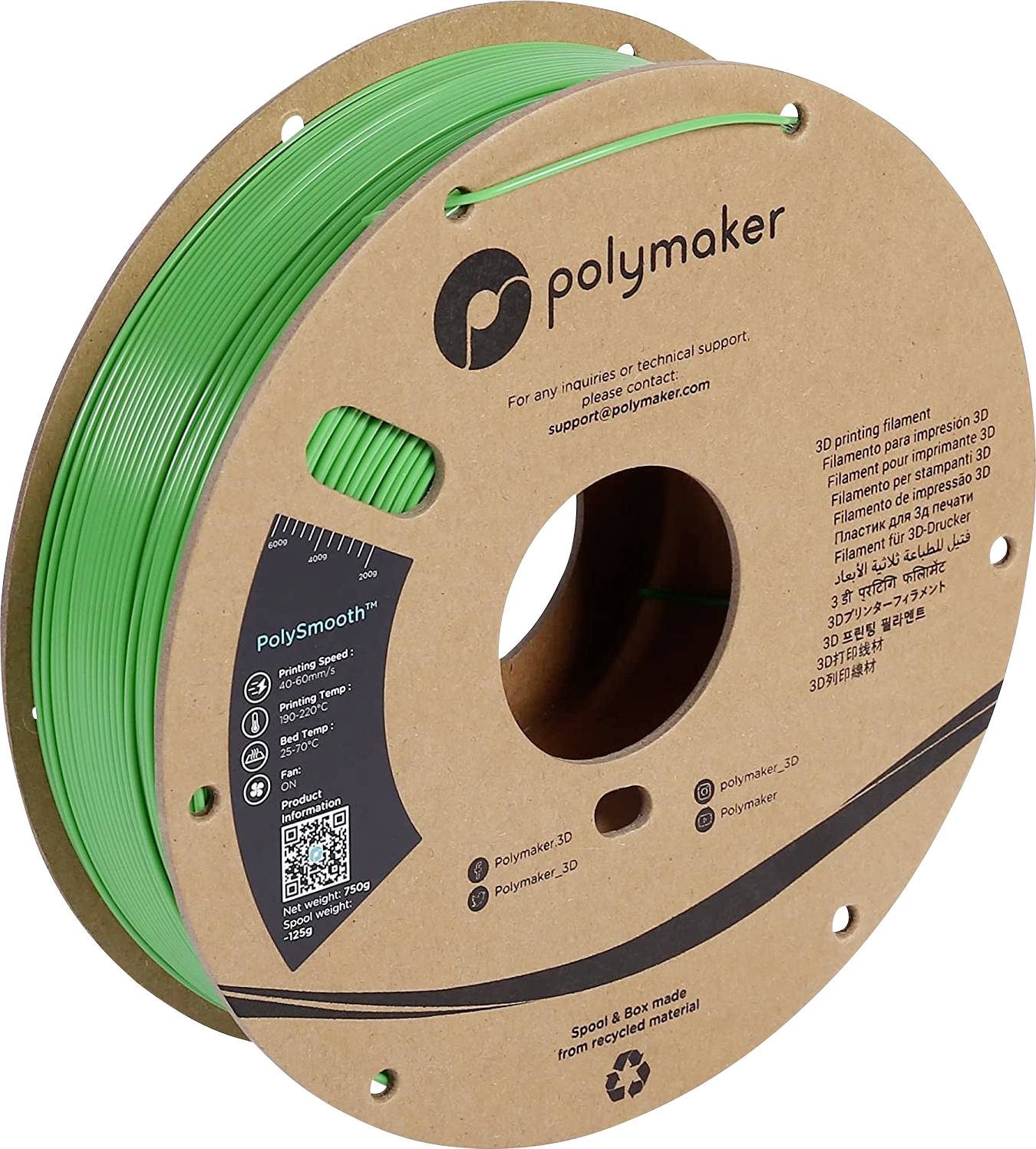 Zelená cievka filamentu od spoločnosti Polymaker z produktovej série PolySmooth, vhodná pre 3D tlačiarne, s QR kódom a symbolom recyklácie na obale.