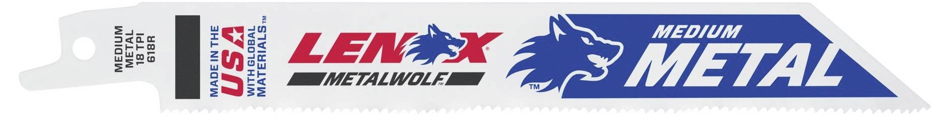 Pílový list do chvostovej píly s nápisom 'Lenox Metalwolf', vhodný pre stredne mäkké kovy. Rozpoznateľný firemný názov a symbol vlka.