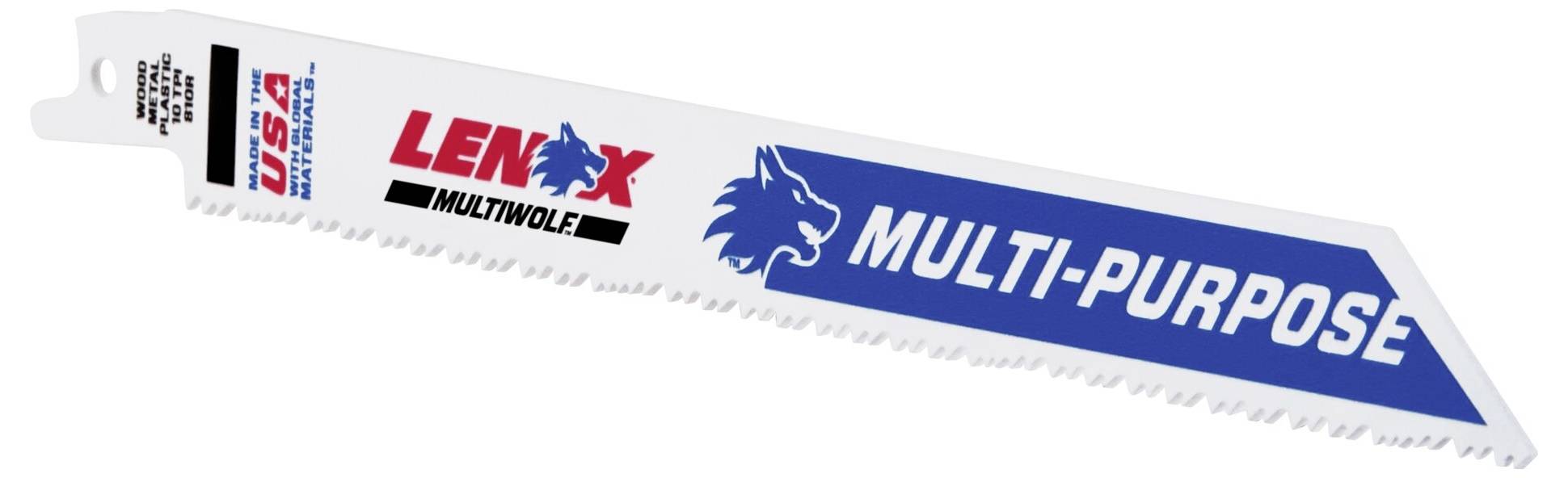 Pílový list na šabľovú pílu s nápisom 'LENOX MULTIWOLF MULTI-PURPOSE', vhodný pre rôznorodé použitie.