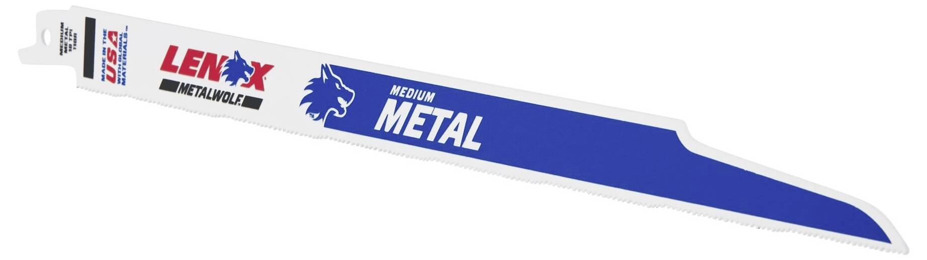Kovový pílový list s nápisom 'LENOX MEDIUM METAL'. Navrhnutý v modrej a bielej farbe, vhodný pre kovové píly.