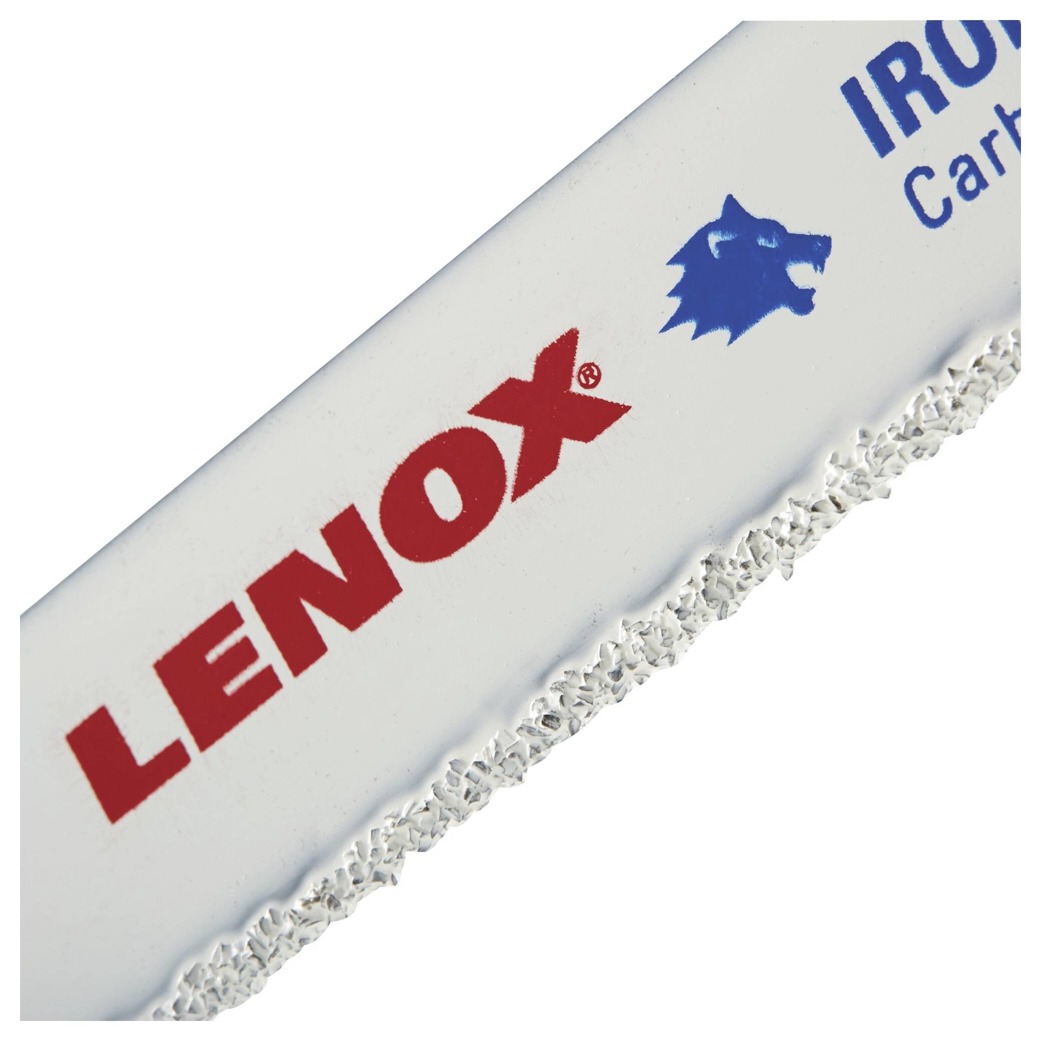 Biele pílové plátky s červeným logom 'LENOX' a modrým levím symbolom. Sú navrhnuté na rezanie železa a karbidu.