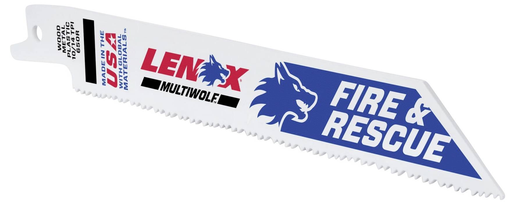 'Pílový list na šabľovitej píle s nápisom Lenox Multiwolf Fire & Rescue, vhodný pre záchranárske zásahy.'