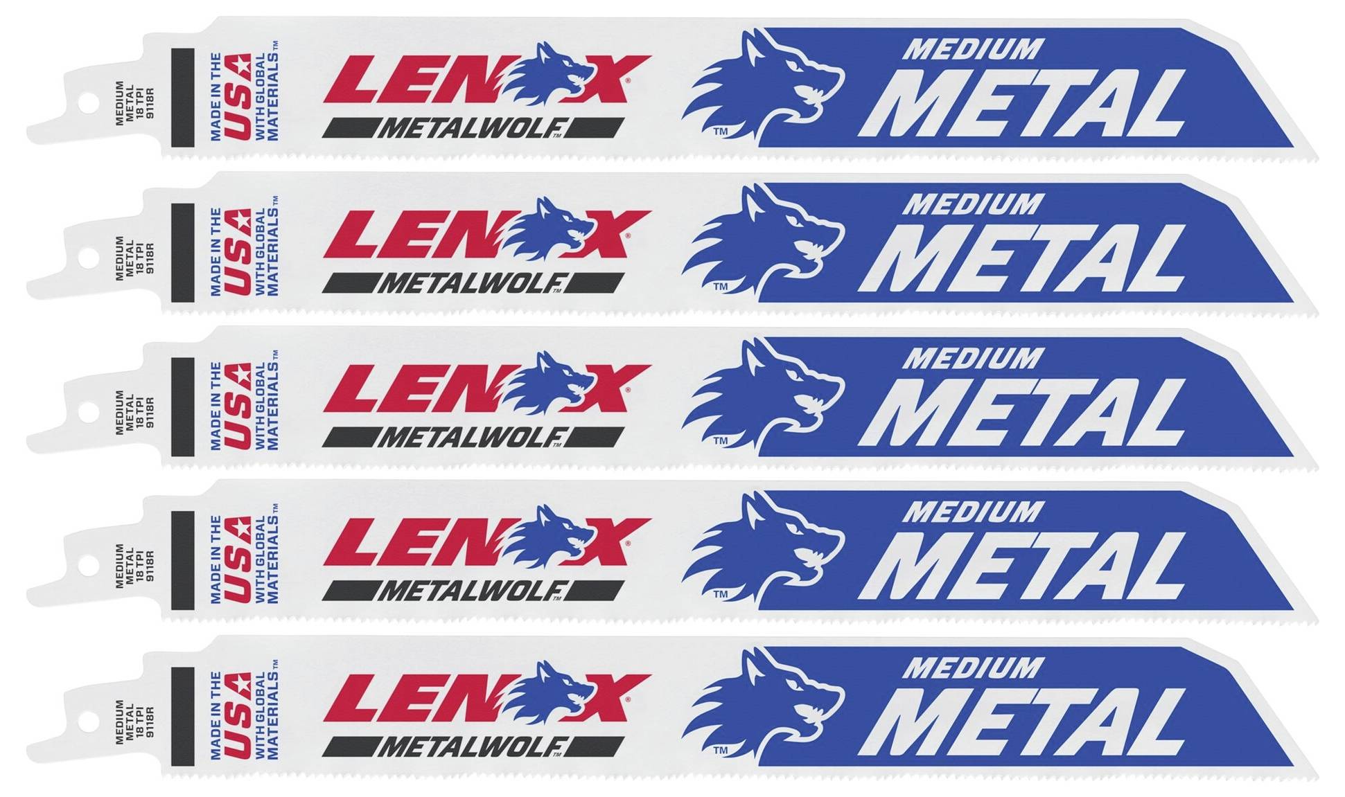 Päť pílových listov značky 'Lenox Metalwolf', vhodných pre stredne tvrdé kovy, s modrým logom vlka a nápisom 'USA'.