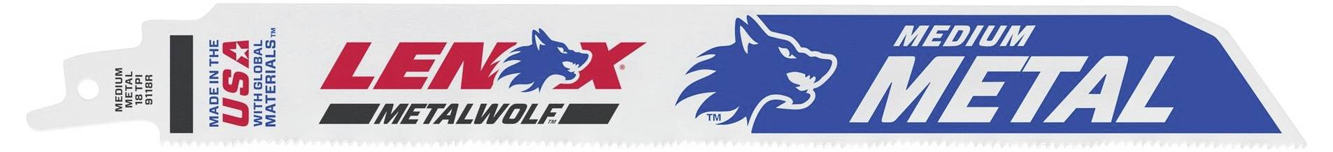 Kovový pílový list 'LENX METALWOLF', určený pre stredné kovy, vyrobený v USA, s logom vlka na modrom pozadí.