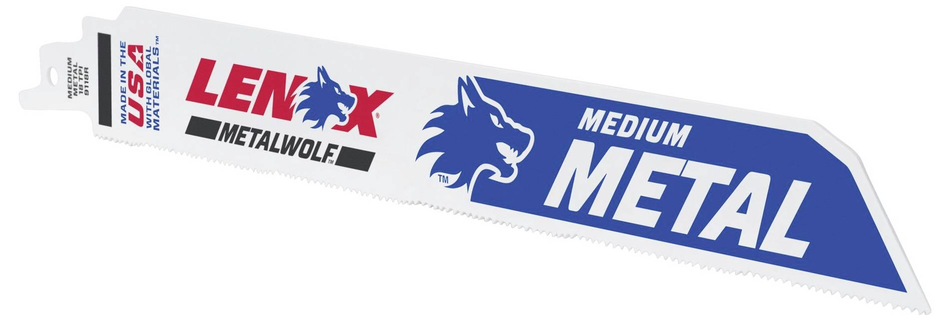 Pílový list Lenox na rezanie kovu, typ 'Medium Metal' s modro-bielym dizajnom a logom vlka. Ideálny pre stredné kovy.