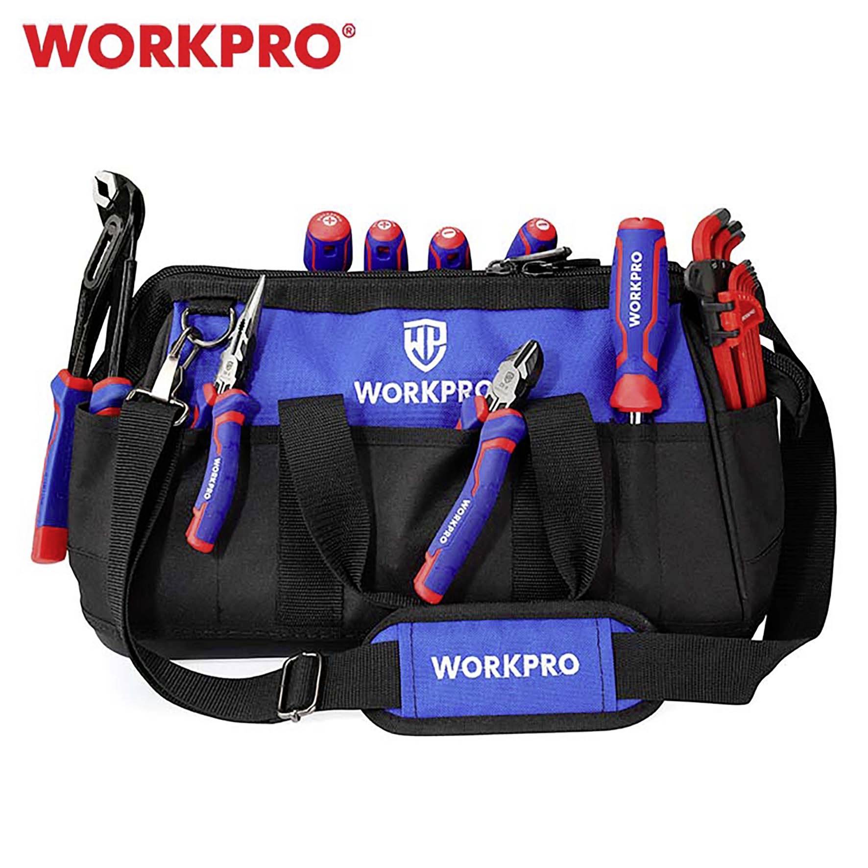 Taška na náradie od WORKPRO, naplnená rôznymi ručnými nástrojmi ako kliešte a skrutkovače, v čierno-modrej farbe.