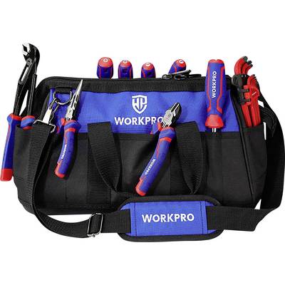 Čierna a modrá brašňa na náradie od 'WORKPRO' s viacerými priehradkami. Obsahuje skrutkovače, kliešte a ďalšie náradie.