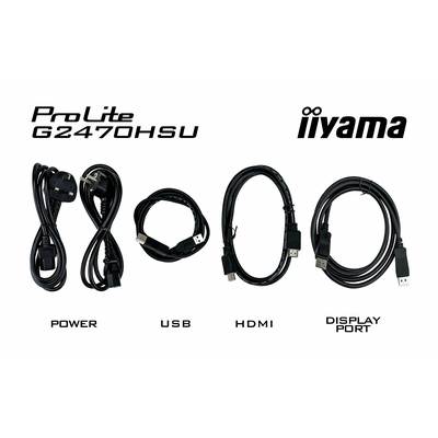'Obrázok štyroch káblov pre monitor iiyama ProLite G2470HSU: napájací kábel, USB, HDMI a DisplayPort, každý označený.'
