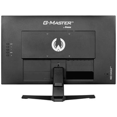 Zadný pohľad na čierny monitor Iiyama G-Master Red Eagle so stojanom; zobrazuje konektory a logo značky.