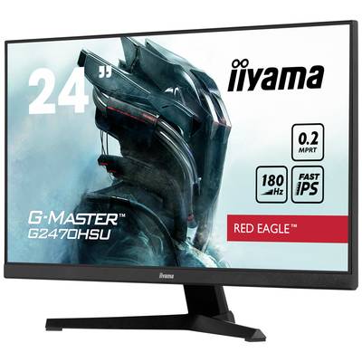 Monitor iiyama, model G-Master G2470HSU, 24 palcov, 180 Hz, 0,2 MPRT, séria 'Red Eagle', zobrazuje futuristický dizajn helmy.