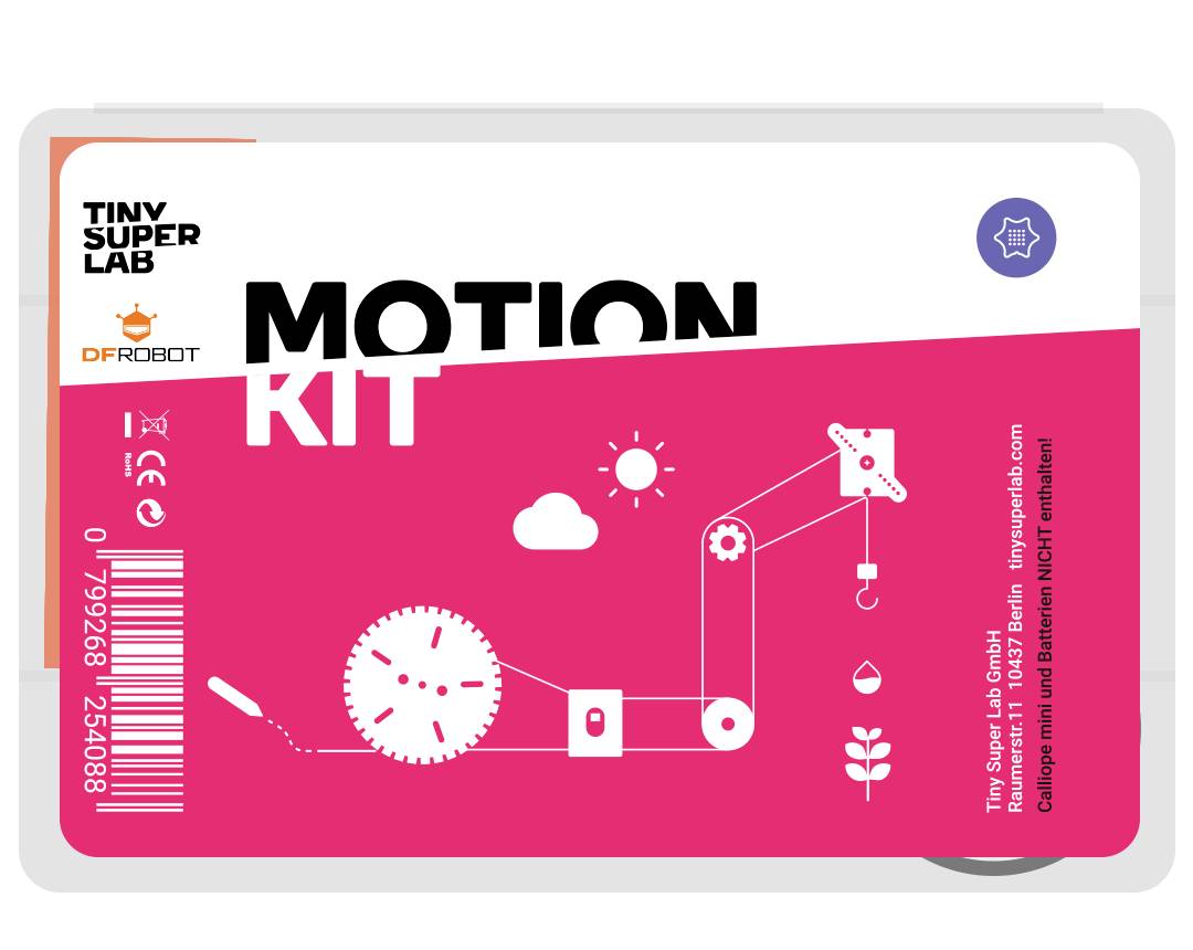 Ružová krabica s nápisom 'MOTION KIT', znázornenie ozubeného kolesa, robotickej ruky a rastliny. Adresa a čiarový kód sú prítomné.