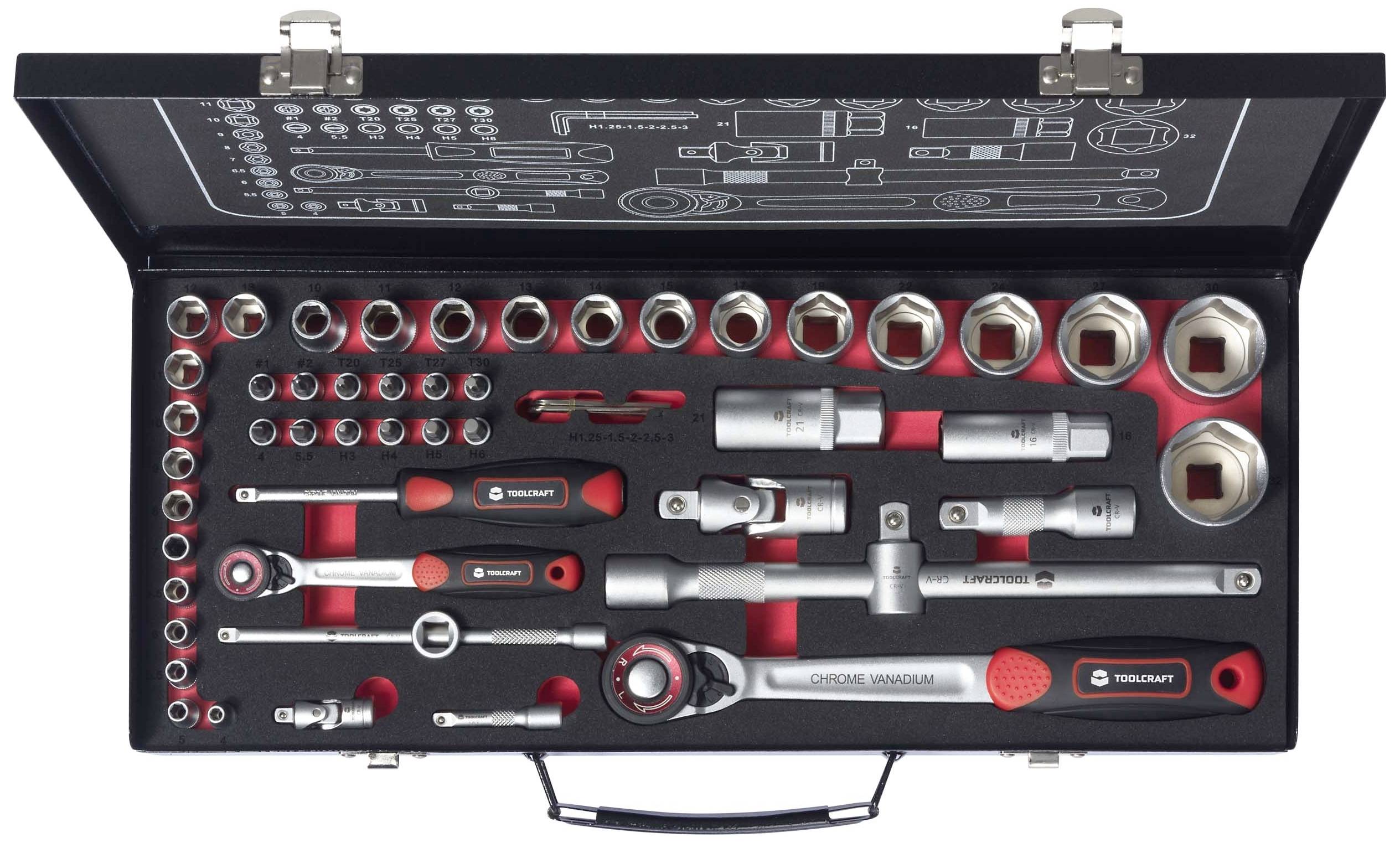 Sada náradia s rôznymi nástrčkovými kľúčmi, račňami a predĺženiami. Obsahuje menšie aj väčšie nástavce pre všestranné použitie.