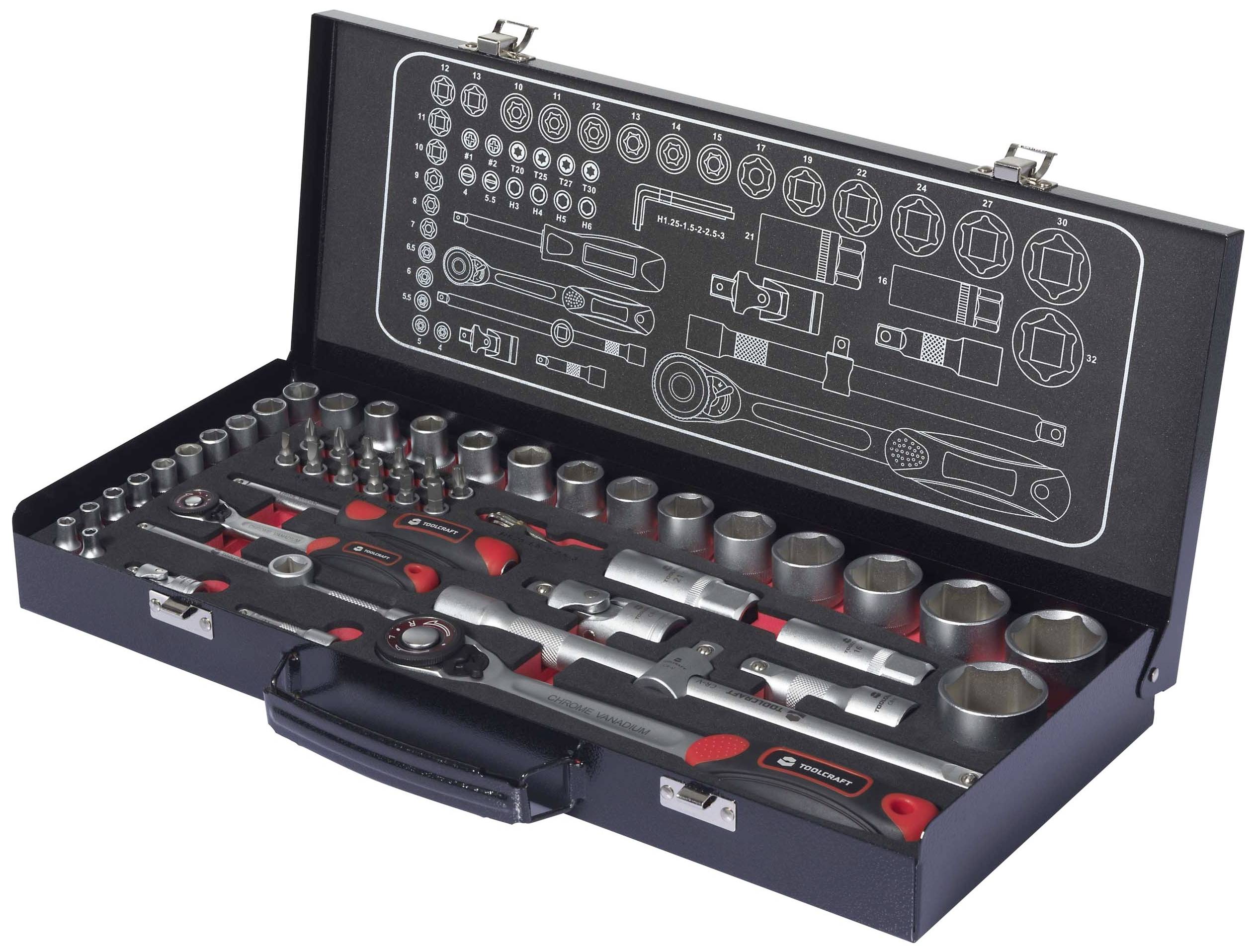 Sada náradia s rôznymi nástrčkovými kľúčmi a račňami v rôznych veľkostiach; organizačná schéma vo vnútri veka.