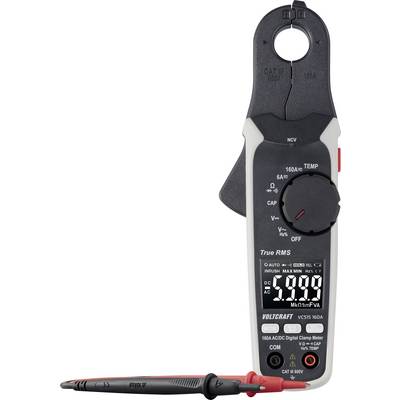 Digitálny kliešťový multimeter s LCD displejom zobrazuje '5.998' pre napätie alebo prúd. Červený a čierny kábel pre merania. Vhodný pre elektrické práce.