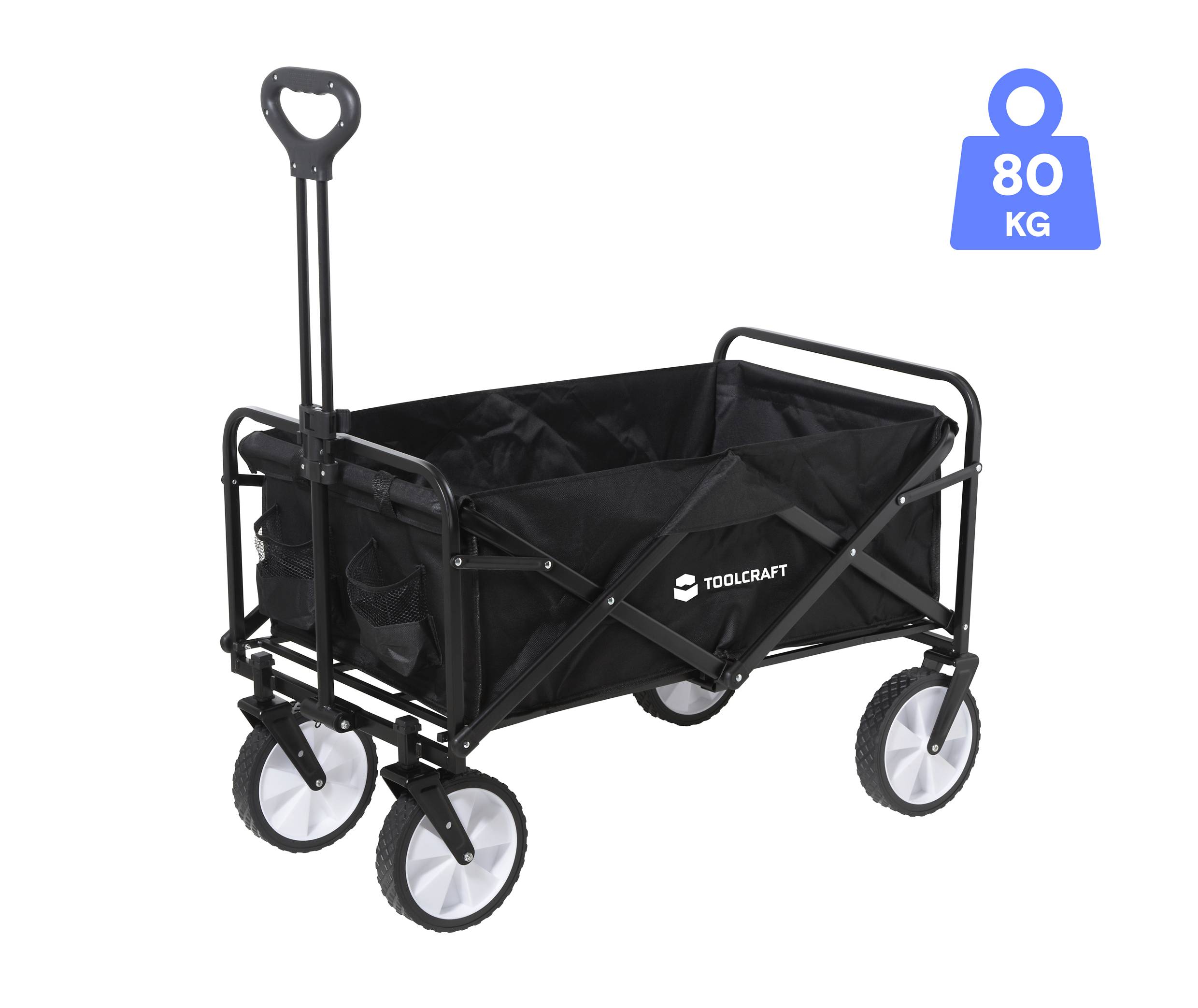 Čierny vozík s rukoväťou a štyrmi kolesami, únosnosť až 80 kg. Ideálny na prepravu predmetov v exteriéri.