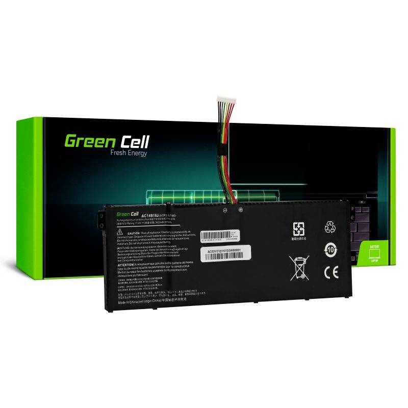 Notebook batéria značky Green Cell s obalom v pozadí. Text na batérii v anglickom a japonskom jazyku.