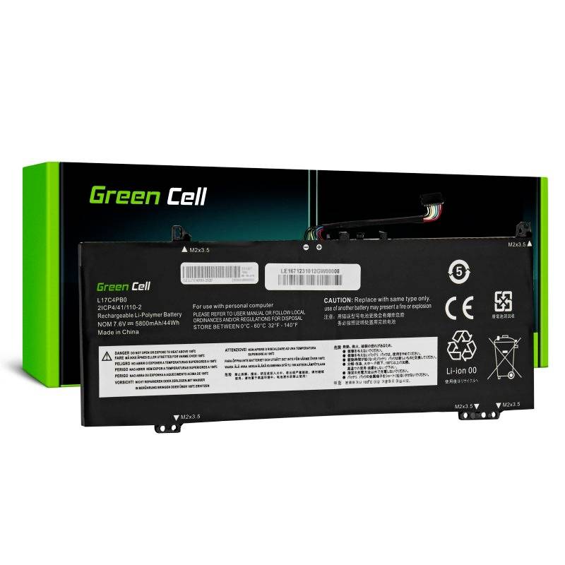 Batéria 'Green Cell' pre notebook, model L17C4PB0, kompatibilná s Lenovo, napätie 7,5V, kapacita 6360mAh, na bielom pozadí pred balením.