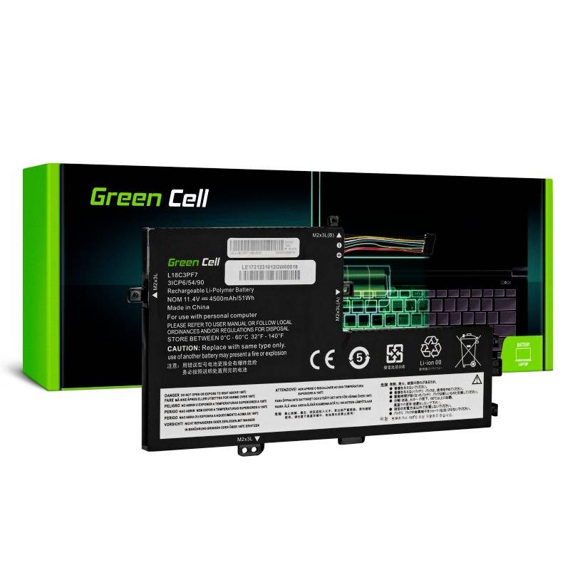 Dobíjateľná batéria do notebooku od Green Cell (model L14C3P21) s napätím 11,4V a 45,6Wh. Balenie a batéria s viacerými špecifikáciami.