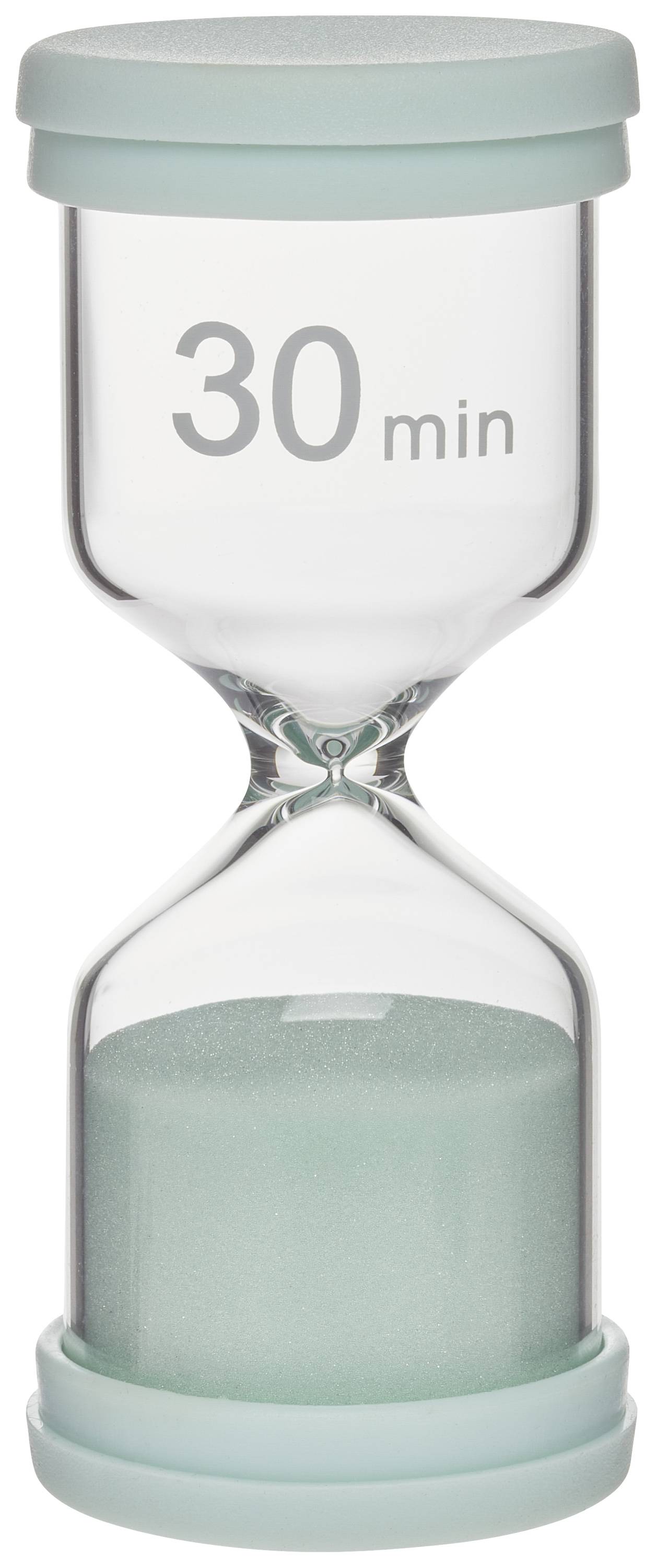 Presýpacie hodiny s svetlomodrým pieskom, horná časť je prázdna, ukazujú "30 min".