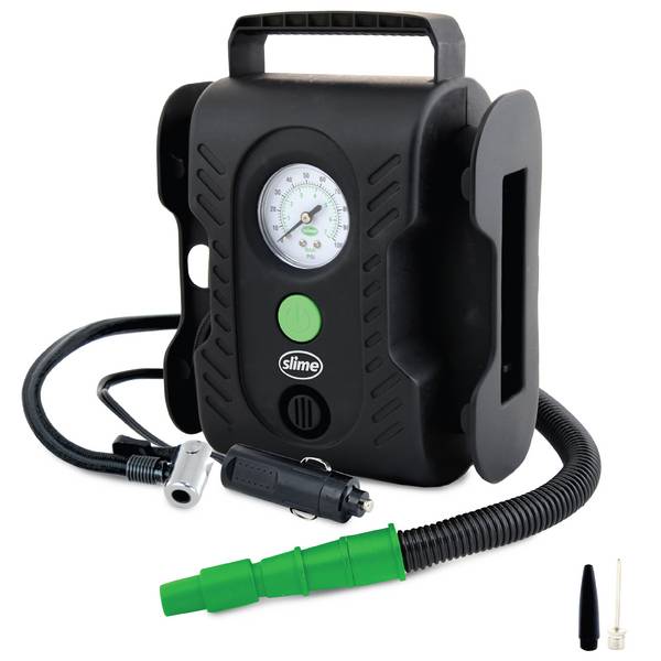 Slime 40066 kompresor, 7 bar, 12V adaptér pre napájanie cez kábel, analógový manometer, s pracovnou lampou