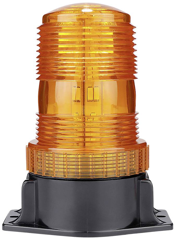 Oranžová výstražná lampa stojaca vertikálne na čiernom podstavci. Často používaná pre bezpečnostné účely alebo na signalizáciu výstrahy.