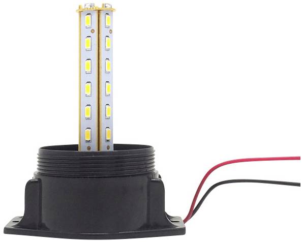 LED lampa s vertikálnym pruhom žltých diód, upevnená v čiernom valcovitom puzdre s dvoma vyčnievajúcimi káblami.