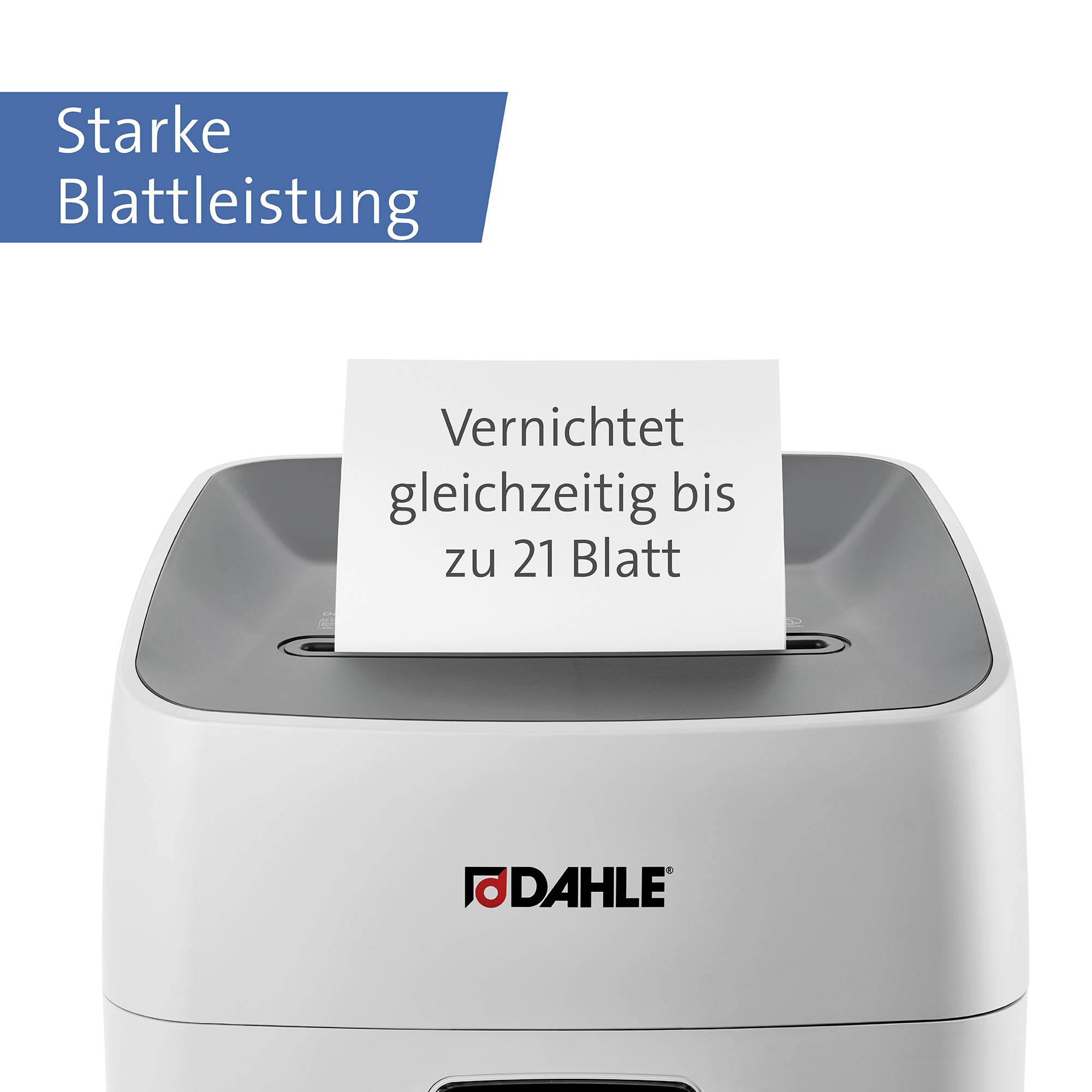 Skartovač Dahle, zobrazuje list papiera s textom 'Súčasne zničí až 21 listov'. Text hore: 'Výkonný rezací výkon'.