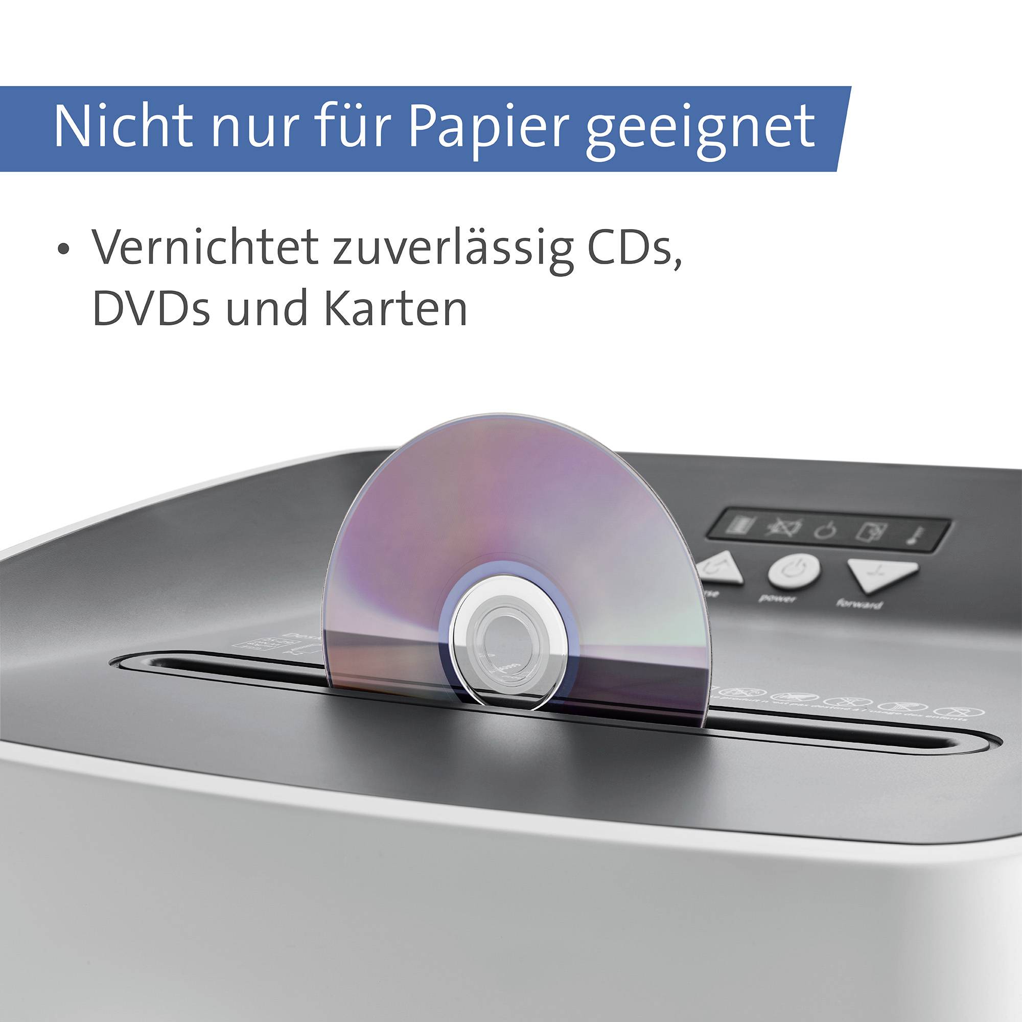 CD sa vkladá do skartovačky; nad ňou je nápis „Vhodné nielen na papier – spoľahlivo likviduje CD, DVD a karty".