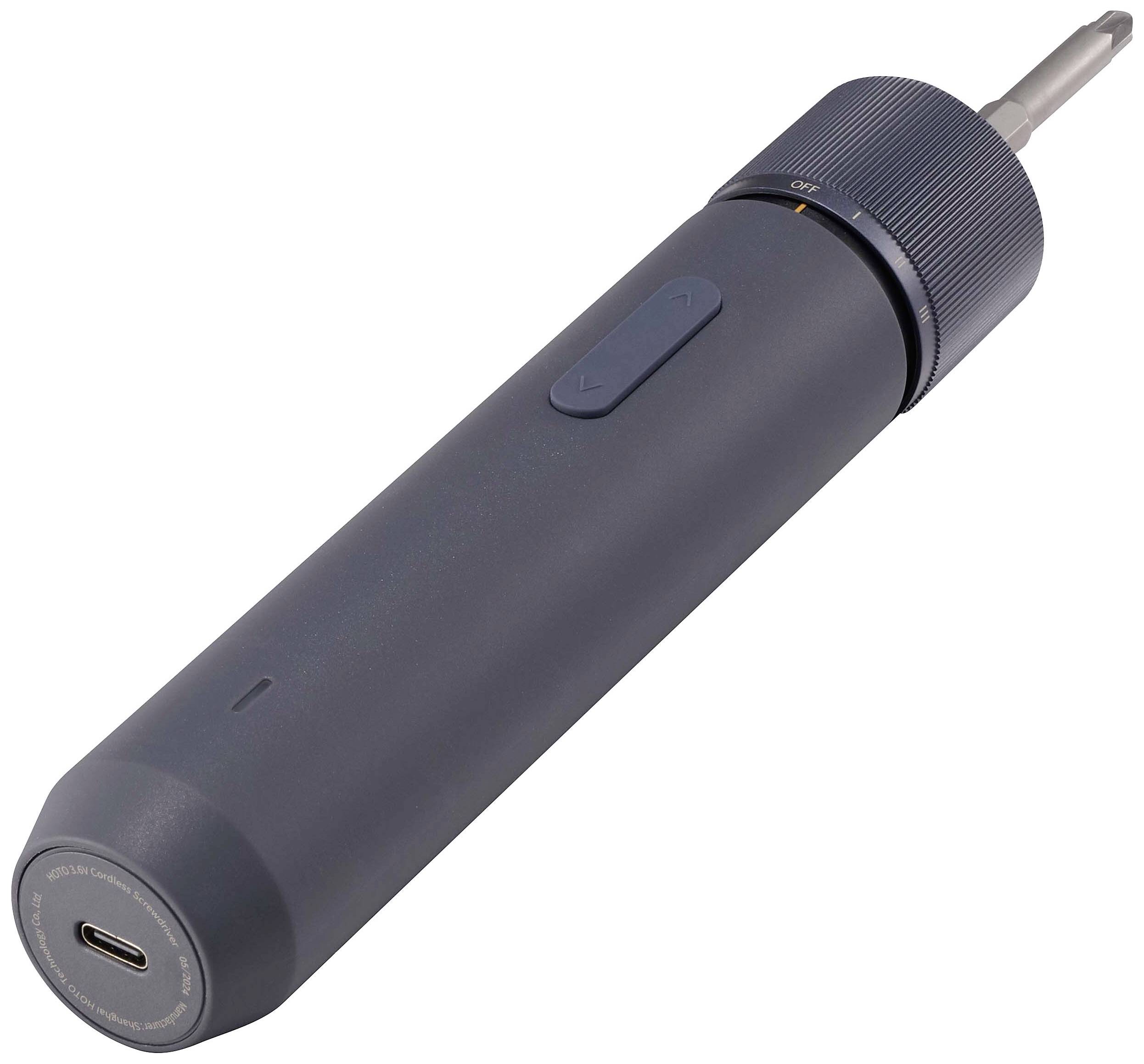 Elektrický skrutkovač v čiernej farbe s USB-C portom a odnímateľným bitom.