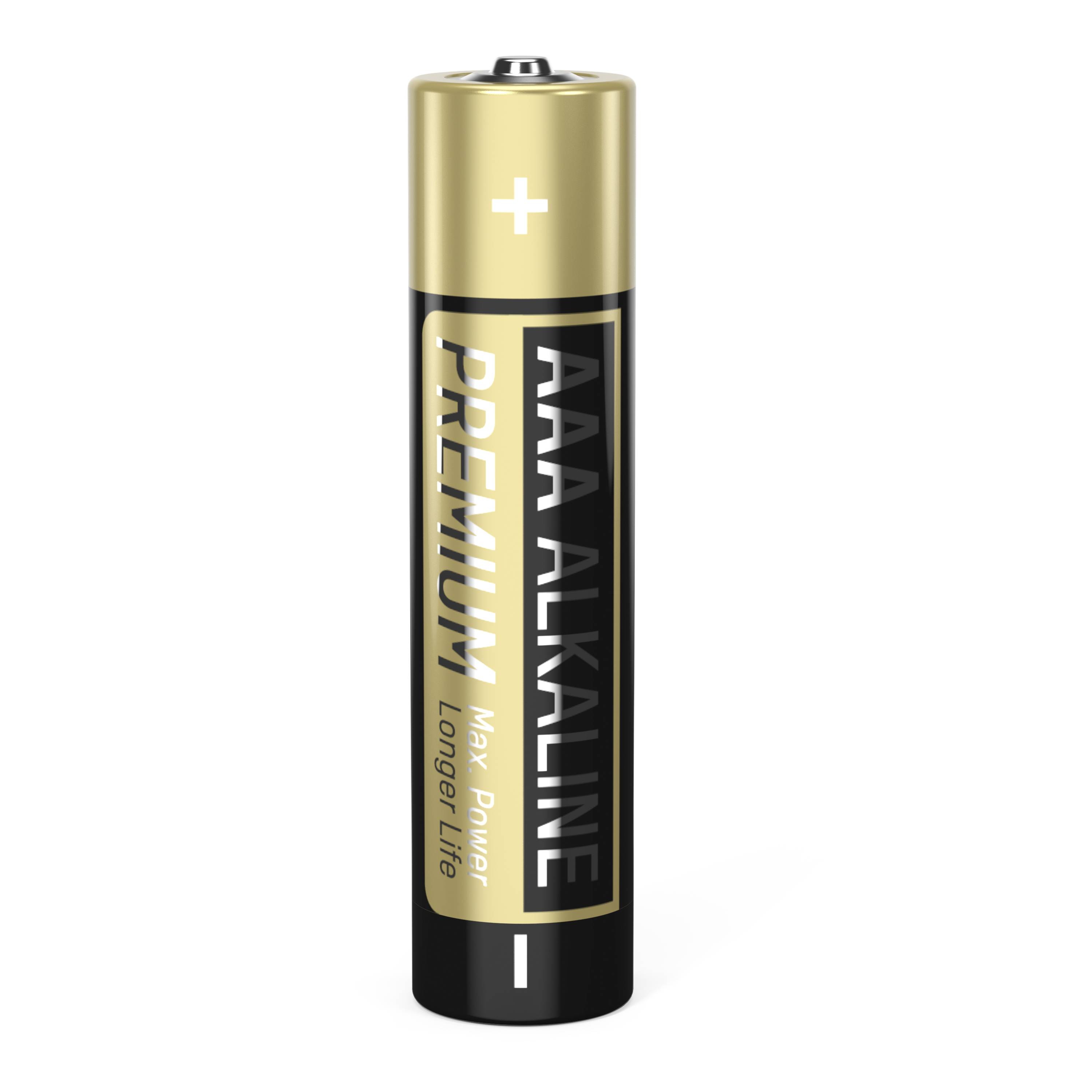 Batéria typu AAA Alkaline, čierno-zlatej farby s nápisom 'Premium Max Power Longer Life'. Plus a mínus póly sú viditeľné.