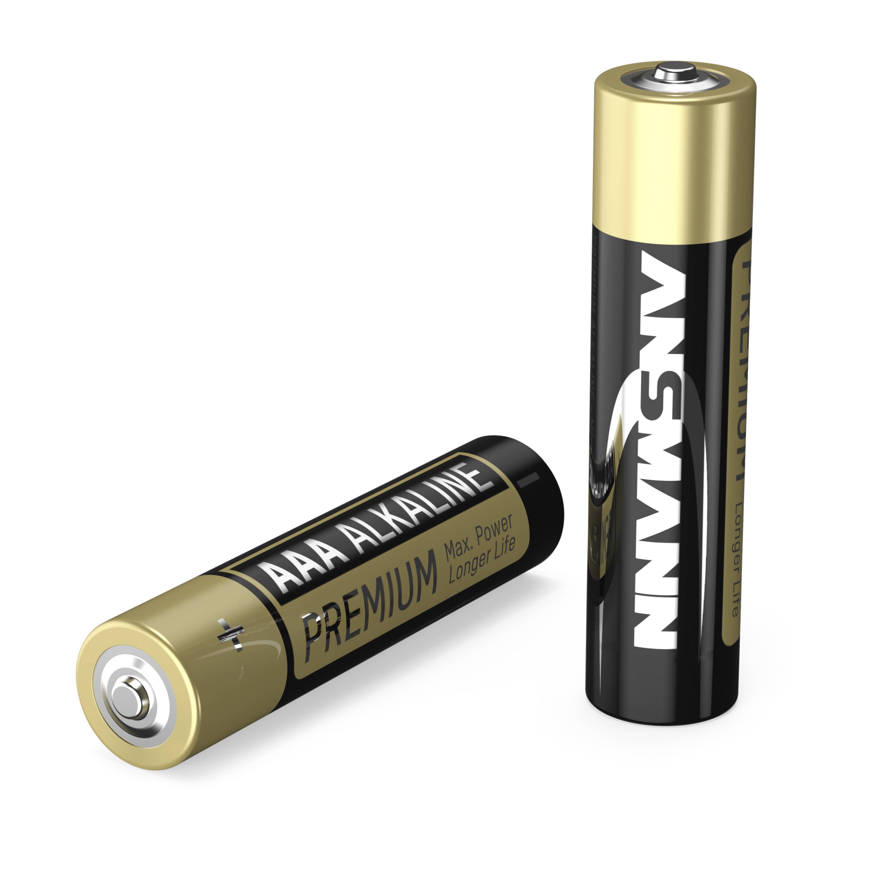 Dve AAA alkalické batérie, jedna stojaca, jedna ležiaca. Nápis "PREMIUM" a "ANSMANN". Vhodné pre elektronické zariadenia.
