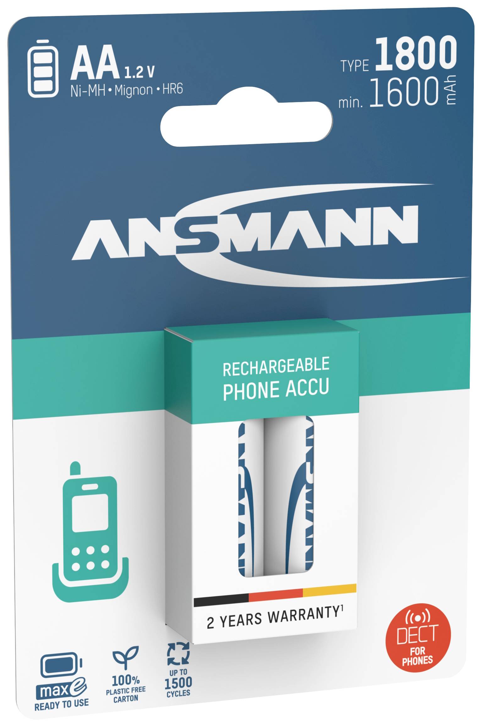 Balenie Ansmann: Obsahuje nabíjateľné batérie AA, vhodné pre bezdrôtové telefóny DECT. 1,2V, typ 1800, minimálne 1600 mAh.