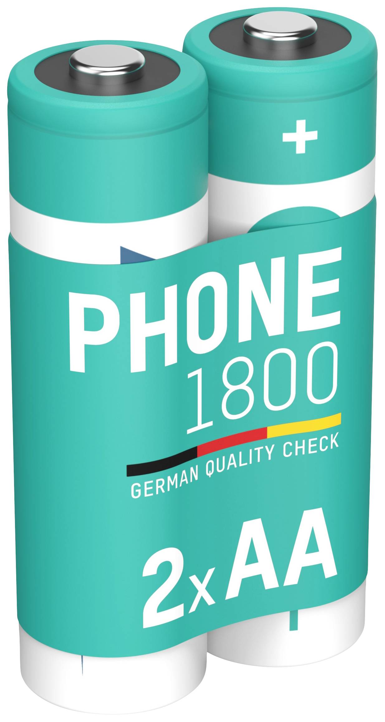 Dve AA batérie s nápisom 'PHONE 1800' a logom 'German Quality Check'.
