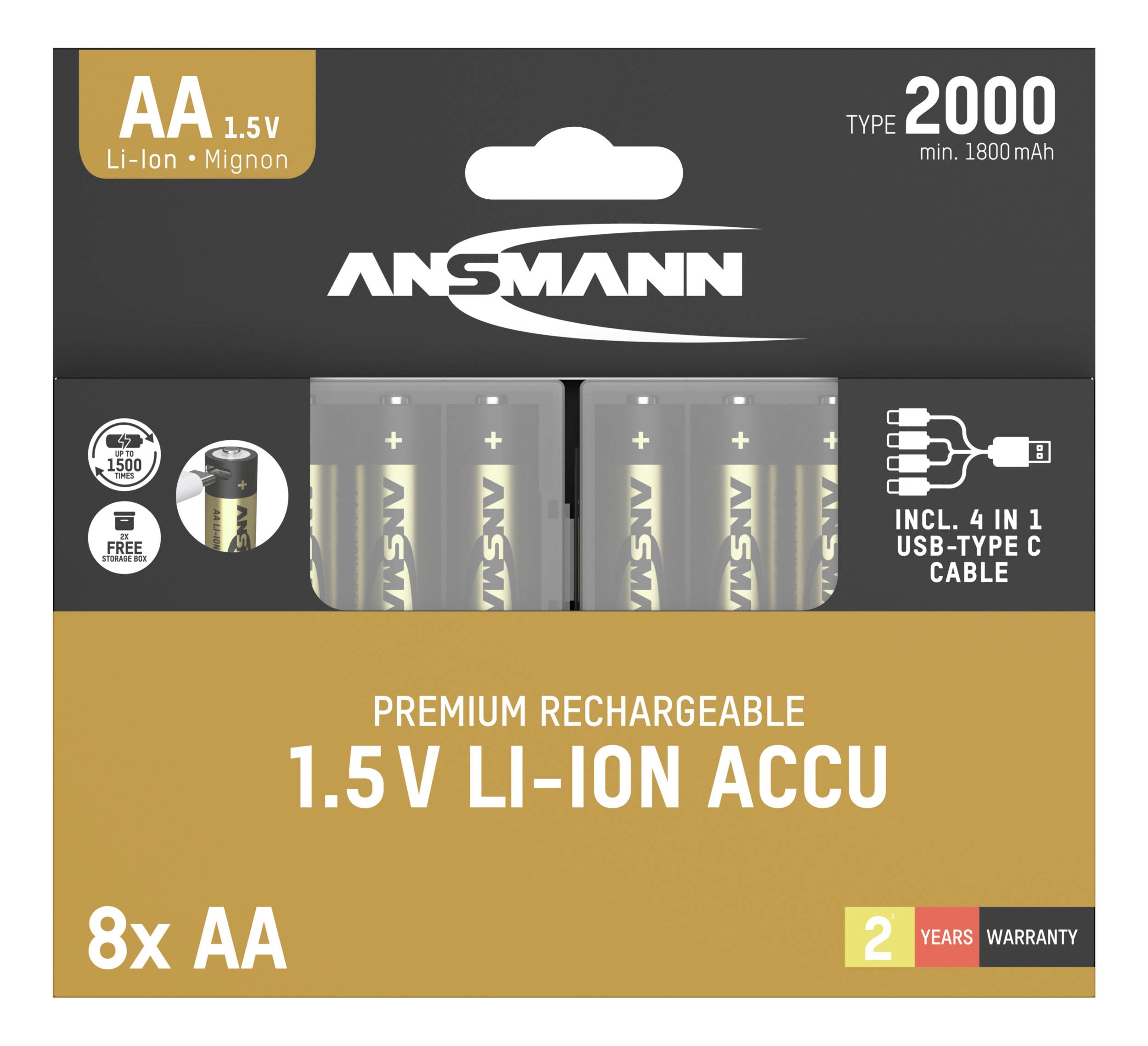 'Prémiové nabíjateľné 1,5V lítium-iónové batérie AA, 8 kusov, vrátane 4-v-1 USB-Type-C kábla, 2-ročná záruka.'