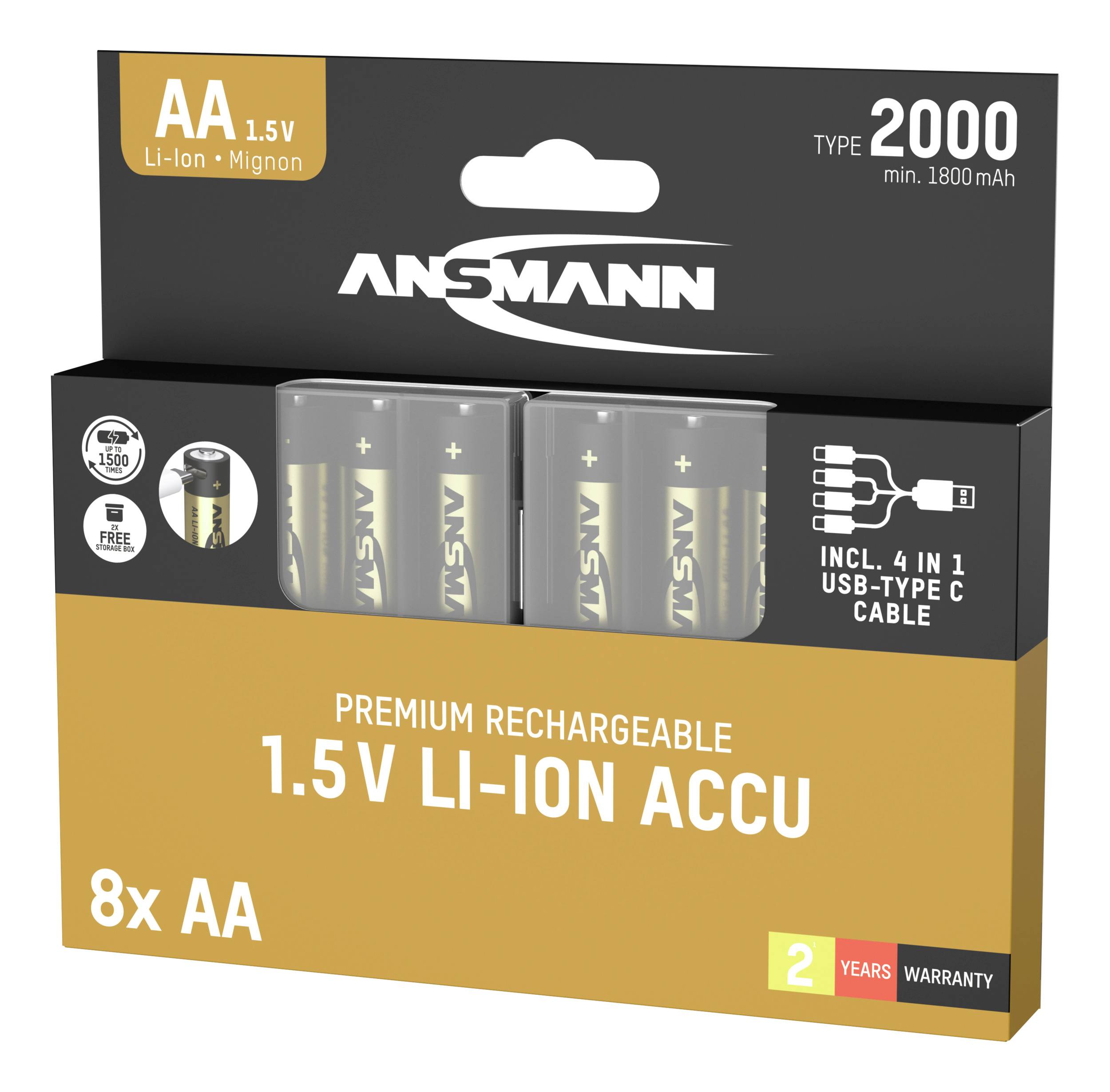 'Balenie Ansmann: 8x AA 1,5V Li-Ion akumulátor, nabíjateľný, vrátane USB-C kábla. 2000 cyklov, 2-ročná záruka.'