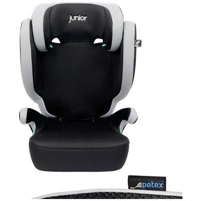 Čierny detský autosedačka so sivými bočnými čalúnenými vankúšmi, vhodná do automobilov. Sedačka má nápis 'junior' a logo značky Petex.