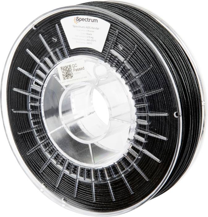 Čierna ABS Kevlar cievka filamentu od značky Spectrum pre 3D tlačiarne, navinutá na priehľadnej plastovej cievke.